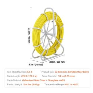 fish tape fiberglass 425 ft 14 inch duct rodder fishtape wire puller cable running rod with steel reel stand 3 pulling heads fishing tools for walls and electrical conduit non conductive 3.jpg