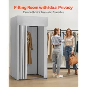 fitting room, dressing room with thick polyester curtains, privacy space with shading curtain and a hook, for boutique, mall, tailor's store & outdoor 39 x 39 x 78 in (black and gray white)