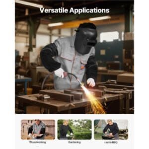 flame resistant welding work sleeves, heavy duty cowhide leather & fr cotton arm protection sleeves for men women with elastic cuffs for welding, blacksmithing, woodworking