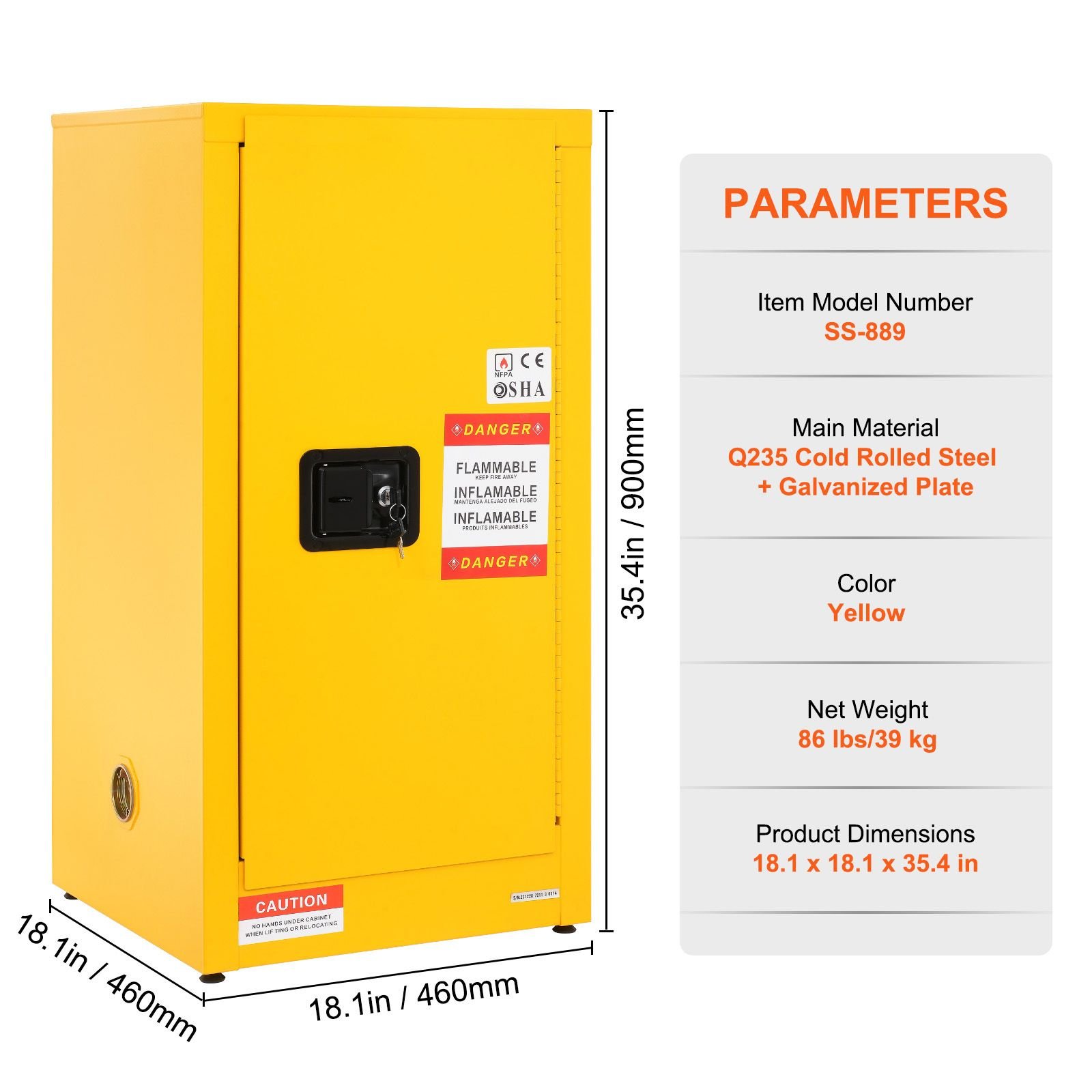flammable safety cabinet 16 gal cold rolled steel flammable liquid storage cabinet 181 x 181 x 354 in explosion proof with 2 adjustable shelves 1 door for commercial industrial use yellow.jpg