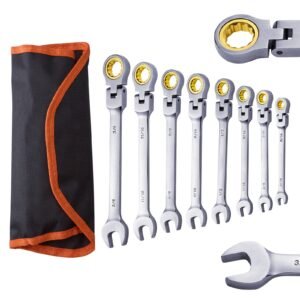 Flex-Head Ratcheting Wrench Set, 8-piece Combination Wrench Set with Roll-up Pouch, Cr-V Steel Flexible Ratcheting Wrench Set SAE 5/16" to 3/4", Ideal for General Household, Workshop, Garage