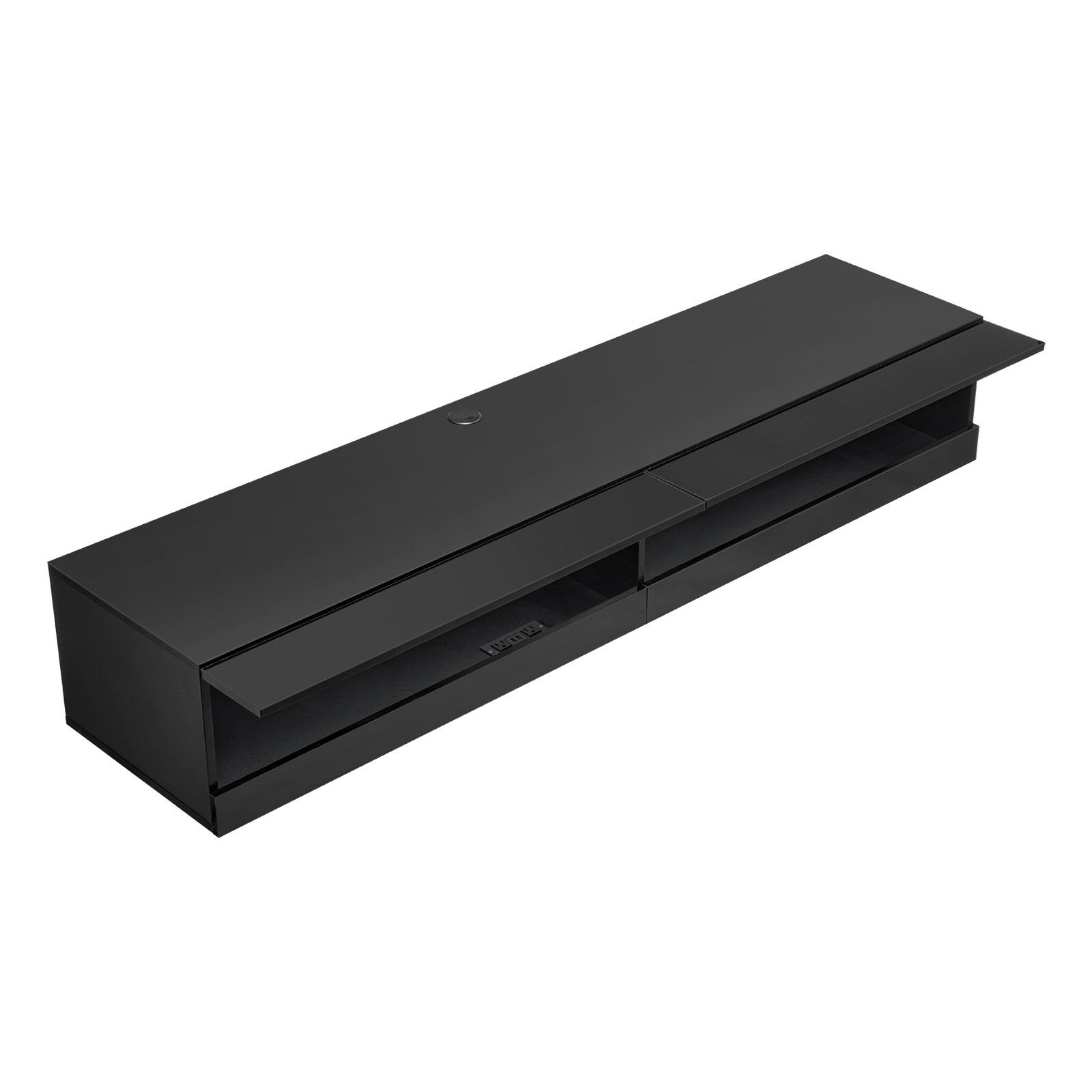 floating tv stand, 71 in wall mount entertainment center with power outlet & led lights, modern floating tv shelf with 2 drawers & storage cabinet for dvd player, cable box, game console, black