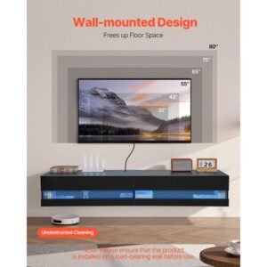 floating tv stand, 71 in wall mount entertainment center with power outlet & led lights, modern floating tv shelf with 2 drawers & storage cabinet for dvd player, cable box, game console, black