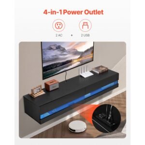 floating tv stand, 71 in wall mount entertainment center with power outlet & led lights, modern floating tv shelf with 2 drawers & storage cabinet for dvd player, cable box, game console, black