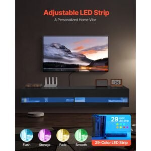 floating tv stand, 71 in wall mount entertainment center with power outlet & led lights, modern floating tv shelf with 2 drawers & storage cabinet for dvd player, cable box, game console, black