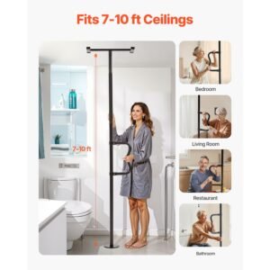 Floor-to-Ceiling Transfer Pole, Tension Mounted Bathroom Grab Bar with Anti-Slip Curve Handle, 300 Lbs Capacity Security Pole for Elderly, Ideal Senior Safety Pole for 7-10 Ft Ceilings, Black
