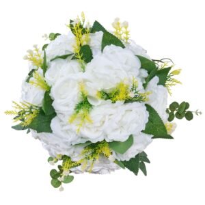 flower balls arrangement bouquet 10 pcs, 9.5 inch diameter artificial flower balls wedding rose centerpieces, faux flowers arrangements for wedding centerpiece home table decorations, white
