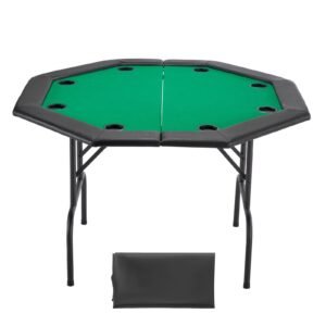 Foldable Poker Table, 8 Player 48 in Folding Casino Leisure Table with Padded Rails & Cup Holders, Octagonal Portable Game Tables with Felt & Metal Legs, for Texas Hold'em Game and Blackjack