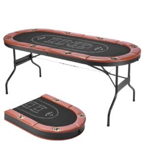 Foldable Poker Table, 8 Player 72 in Folding Casino Leisure Table with Padded Rails and Cup Holders, Oval Portable Game Tables with Felt & Metal Legs, for Texas Hold'em Game and Blackjack