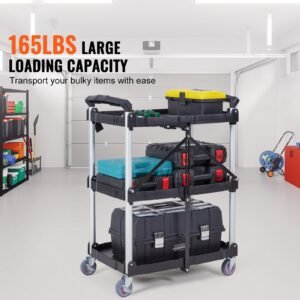 foldable utility service cart 3 shelf 165lbs heavy duty plastic rolling cart with lockable wheels ergonomic handle portable garage tool cart for warehouseofficehome2562x1543x3276 1.jpg