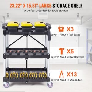 foldable utility service cart 3 shelf 165lbs heavy duty plastic rolling cart with lockable wheels ergonomic handle portable garage tool cart for warehouseofficehome2562x1543x3276 3.jpg