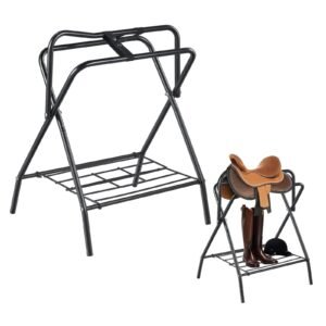 Folding Saddle Rack, 28 x 19 x 37.5 in, Freestanding Horse Saddle Stand, Portable Horse Blanket Holder, Heavy Duty Steel Saddle Rack for English & Western Saddles, Tack Storage, Black