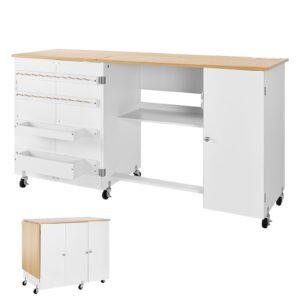 Folding Sewing Table, Multipurpose Sewing Machine Table with Cabinet, Charging Station, Compact Design, Wheels, Wooden Pegs, Storage Trays and Shelf, Craft Station and Side Desk for Home