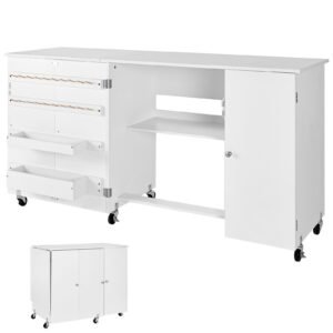 Folding Sewing Table, Multipurpose Sewing Machine Table with Cabinet, Compact Design, Wheels, Wooden Pegs, Storage Trays and Shelf, Magnetic Door, Craft Station and Side Desk for Home, White