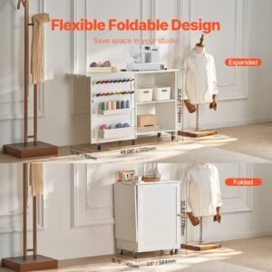 folding sewing table, multipurpose sewing machine table with compact design, wheels, shelves, storage trays, wooden pegs, and magnetic doors, sewing desk cabinet for sewing machine, white
