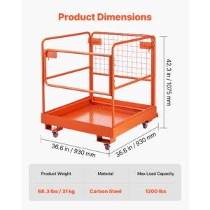 forklift safety cage, 36.6 x 36.6 inch, forklift man basket with 4 wheels, 1200 lbs capacity, heavy duty work platform, collapsible lift basket safety set, for most aerial jobs lifting loader