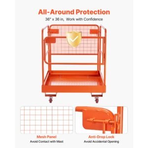 forklift safety cage, 36.6 x 36.6 inch, forklift man basket with 4 wheels, 1200 lbs capacity, heavy duty work platform, collapsible lift basket safety set, for most aerial jobs lifting loader
