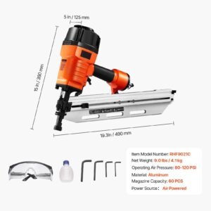 Framing Nailer, 80-120PSI Air Nail Gun, 2" to 3-1/2" 21 Degree Full Round Head Pneumatic Framing Nailer with Tool-Less Depth Adjustment & Dual Trigger Modes, Ideal for Framing Decking Flooring