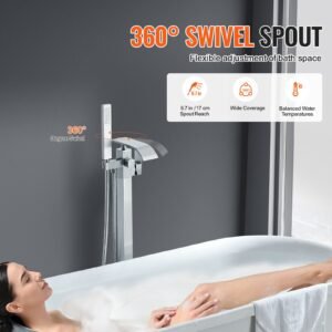 Freestanding Bathtub Faucet, Floor Mount, Freestanding Tub Filler, Shower Mixer Taps, Two Water Modes, 360° Swivel Spout, for Bathing & Showering Pet Bathing Cleaning Drains Toilet Flushing