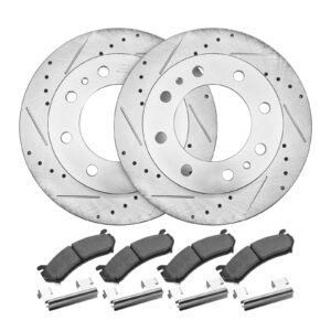 Front and Rear Brake Kit Compatible with 2002-2006 Chevrolet Avalanche 2500 (8 STUD), 2002-2004 Chevrolet Silverado 2500 (Models w/Manual Transmission ONLY), Drilled & Slotted Brake Rotors