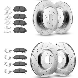 Front and Rear Brake Kit Compatible with 2007-2013 Acura MDX, 2010-2013 Acura ZDX, 2009-2014 Honda Pilot, Drilled and Slotted Brake Rotors Ceramic Brake Pads Replacement Kit, 13 in (Front)