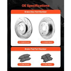 front and rear brake kit compatible with 2007 2013 acura mdx, 2010 2013 acura zdx, 2009 2014 honda pilot, drilled and slotted brake rotors ceramic brake pads replacement kit, 13 in (front)