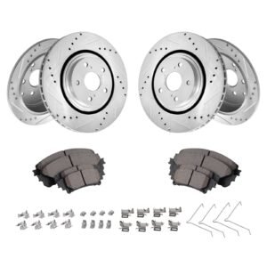 Front and Rear Brake Kit Compatible with Toyota Sienna, Highlander, Lexus RX350, RX450h, Drilled and Slotted Brake Rotors Ceramic Brake Pads Replacement, 12.9" Front Rotors 12.2" Rear Rotors