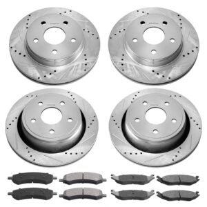 Front and Rear Brake Kit for 06-2018 Dodge Ram 1500, 07-2009 Dodge Durango Chrysler Aspen, Drilled and Slotted Brake Rotors Ceramic Brake Pads Replacement, 13.2" Front Rotors 13.9" Rear Rotors