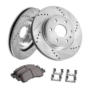 Front Brake Kit Compatible with 2007-2017 Chevy Traverse, Buick Enclave, GMC Acadia, Saturn Outlook, Drilled and Slotted Brake Rotors Ceramic Brake Pads Replacement Kit, 12.8" Front Rotors