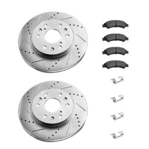Front Brake Kit Compatible with 2008-2016 Cadillac Escalade/Escalade ESV, 2017-2020 Cadillac Escalade/Escalade ESV (Models without Brembo Brake Package), Drilled & Slotted Brake Rotors Kit