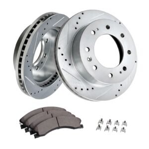 Front Brake Kit Compatible with 2011-2019 Chevy Silverado GMC Sierra 2500 3500 HD, Drilled and Slotted Brake Rotors Ceramic Brake Pads Replacement Kit, 14" Front Rotors