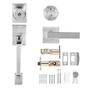 Front Door Handle and Deadbolt Set, Square Entry Handle Set with Lever, Single Cylinder, Adjustable Hole Space, Reversible for Right and Left Handed Entrance and Front Doors, Satin Nickel