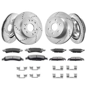 Front Rear Brake Kit for 2014-2018 Chevy Silverado GMC Sierra 1500, 2015-2020 Suburban Tahoe Yukon XL Escalade ESV, Drilled & Slotted Brake Rotors Ceramic Brake Pads Replacement Kit