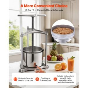 fruit wine press, 1.6 gallon/6l, stainless steel manual juice maker with powerful t shaped handle, juice making for apple/grape/orange/berry, cheese/tincture/herbal press, for kitchen home
