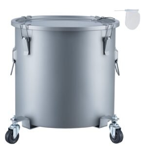Fryer Grease Bucket, 16 Gal Oil Disposal Caddy with Caster Base, Carbon Steel Rust-Proof Coating, Oil Transport Container with Lid, Lock Clips, Filter Bag for Hot Cooking Oil Filtering, Gray