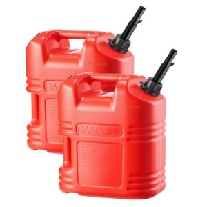 Fuel Container, 5 Gallon, Gas Tank with Spout & Clear Scale, 15 L/min Max Flow Rate, Secure & Leak-proof, Portable Flat Fluid Container for Most Cars Motorcycle ATV UTV, Red, 2 Packs