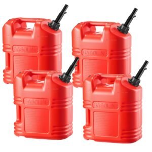 Fuel Container, 5 Gallon, Gas Tank with Spout & Clear Scale, 15 L/min Max Flow Rate, Secure & Leak-proof, Portable Flat Fluid Container for Most Cars Motorcycle ATV UTV, Red, 4 Packs