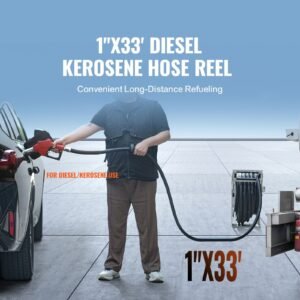 Fuel Hose Reel, 1" x 33', Extra Long Retractable Diesel Hose Reel, Heavy-Duty Carbon Steel Construction with Automatic Fuel Nozzle, NBR Rubber Hose for Aircraft Ship Vehicle Tank Truck, 300 PSI