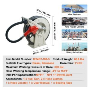 fuel hose reel, 1" x 33', extra long retractable diesel hose reel, heavy duty carbon steel construction with automatic fuel nozzle, nbr rubber hose for aircraft ship vehicle tank truck, 300 psi