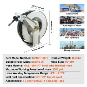 fuel hose reel 12 x 50 extra long retractable machine oil hose reel spring driven auto swivel rewind heavy duty carbon steel construction with hose for auto repair industries 2300 psi 3.jpg