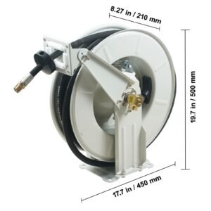 fuel hose reel 12 x 50 extra long retractable machine oil hose reel spring driven auto swivel rewind heavy duty carbon steel construction with hose for auto repair industries 2300 psi 4.jpg