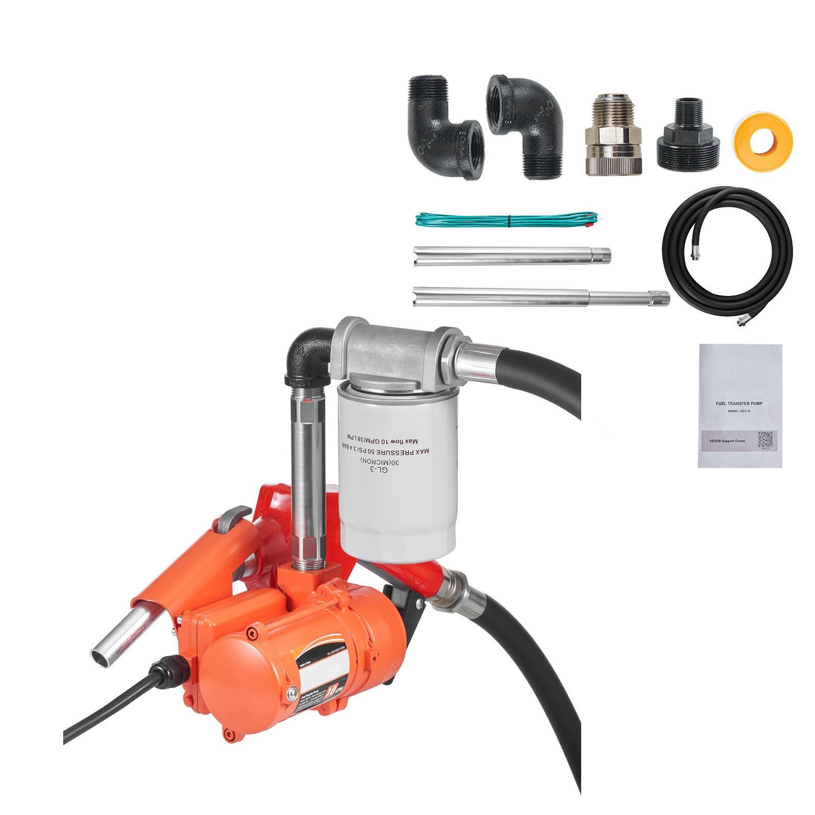 fuel transfer pump, 12v dc 10 gpm, portable diesel transfer pump kit, with auto shut off nozzle, discharge hose, overheat protection, power cable, explosion proof, for gasoline diesel kerosene