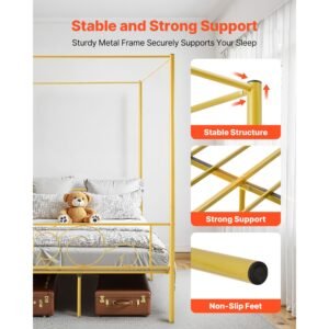 full size canopy bed frame metal canopy bed with minimalist headboard four posters design heavy duty steel slats support underbed storage space no box spring needed easy assembly gold 2.jpg