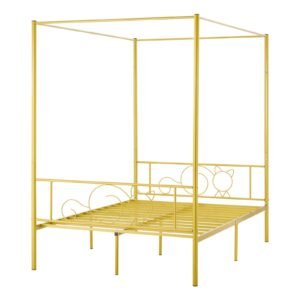 Full Size Canopy Bed Frame, Metal Canopy Bed with Minimalist Headboard & Four Posters Design, Heavy Duty Steel Slats Support, Underbed Storage Space, No Box Spring Needed, Easy Assembly, Gold