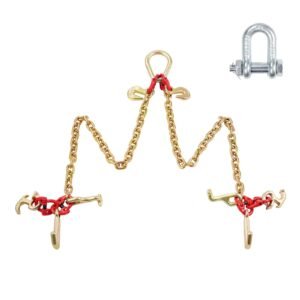 G80 V Bridle Chain, 5/16" x 3' Towing Chain Bridle with R Hooks, T Hooks, J Hooks and Grab Hooks, Transport Tow Chain Bridle with 10800 lbs Safe Working Load for Flatbed Truck Wrecker Recovery