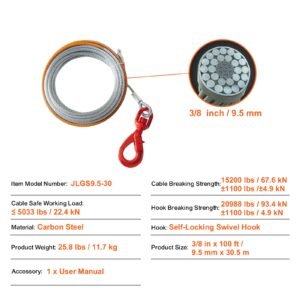 galvanized steel winch cable 38 inch x 100 feet 15200 lbs breaking strength wire winch rope with swivel hook towing cable heavy duty universal fit for suv large off road vehicle truck 2.jpg