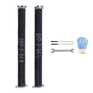 Garage Door Torsion Springs, Pair of 0.207 x 2 x 24 in, 16000 Cycles, Electrophoresis Black Coated for Replacement, Garage Door Springs with Non-Slip Winding Bars, Gloves and Mounting Wrench