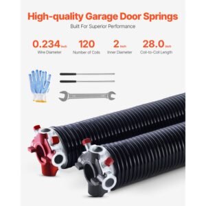 garage door torsion springs, pair of 0.234 x 2 x 28 in, 16000 cycles, electrophoresis black coated for replacement, garage door springs with non slip winding bars, gloves and mounting wrench