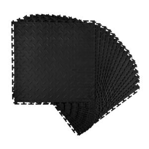 Garage Floor Tiles Interlocking, 16 Pack 20.2 x 20.2 x 0.2 in Interlocking Modular Garage Flooring Tiles, Diamond Plate Slip-Resistant PVC Mats for Workshop,Warehouse,Tool Room, Black