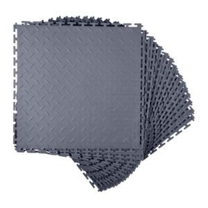 Garage Floor Tiles Interlocking, 16 Pack 20.2 x 20.2 x 0.2 in Interlocking Modular Garage Flooring Tiles, Diamond Plate Slip-Resistant PVC Mats for Workshop,Warehouse,Tool Room, Graphite Gray